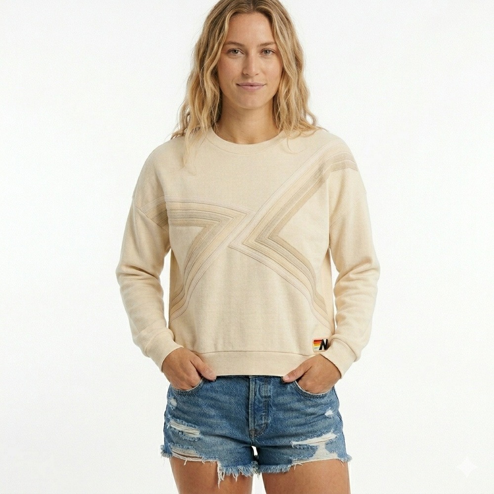 NWT Aviator Nation Blaze Relaxed Crew Sweatshirt Medium Vintage White Retro